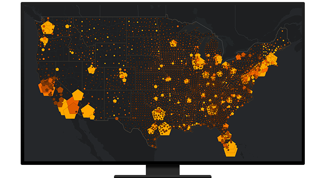Immagine del monitor di un computer che visualizza una mappa di concentrazione degli Stati Uniti con gruppi mostrati in giallo e arancione