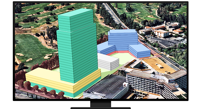 Graphic of a computer monitor displaying a 3D rendering of a possible high-rise development in a suburban area