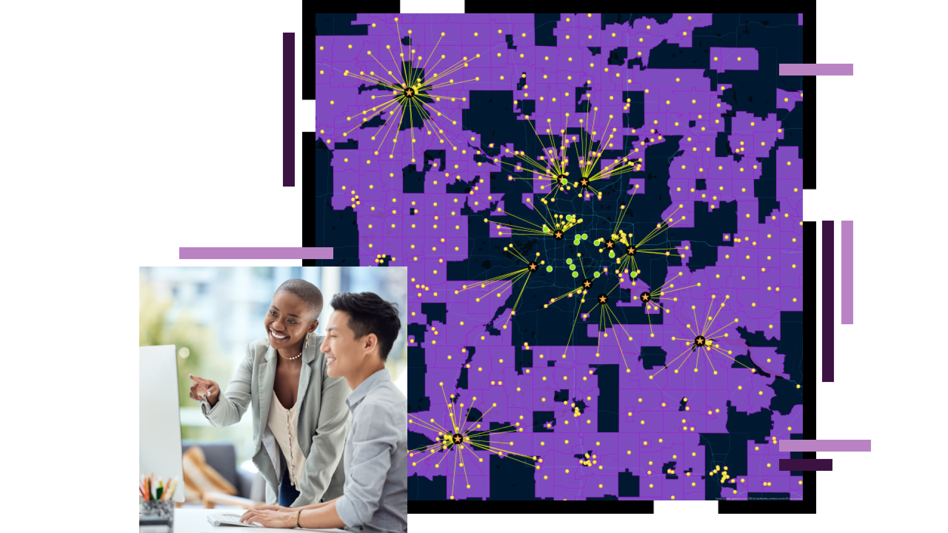 Map with market data, two advertising and marketing professionals looking at a laptop