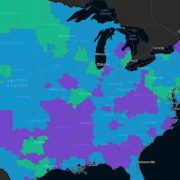 Map of the United States with green, blue, and purple shaded areas indicating differences in media markets