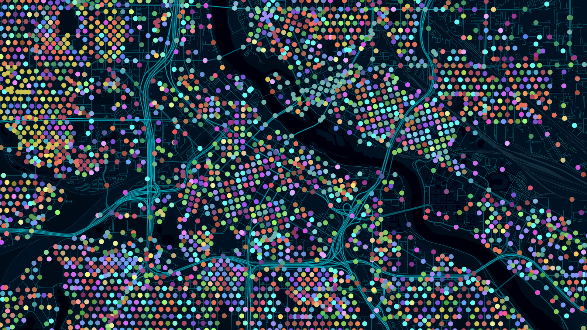 Black map with multicolored dots indicating advanced analytics