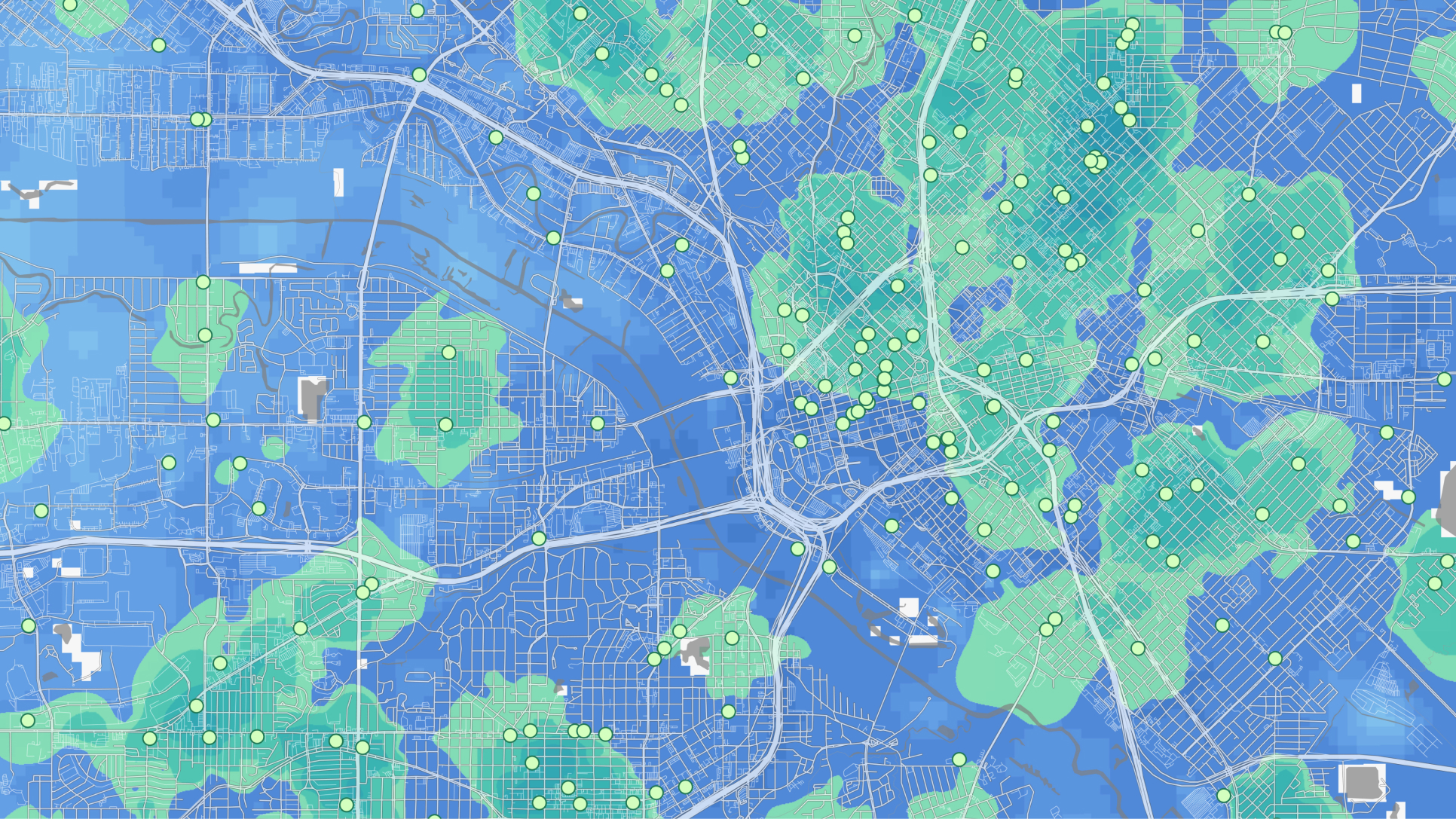 Blue map with green shaded areas indicating customer analytics