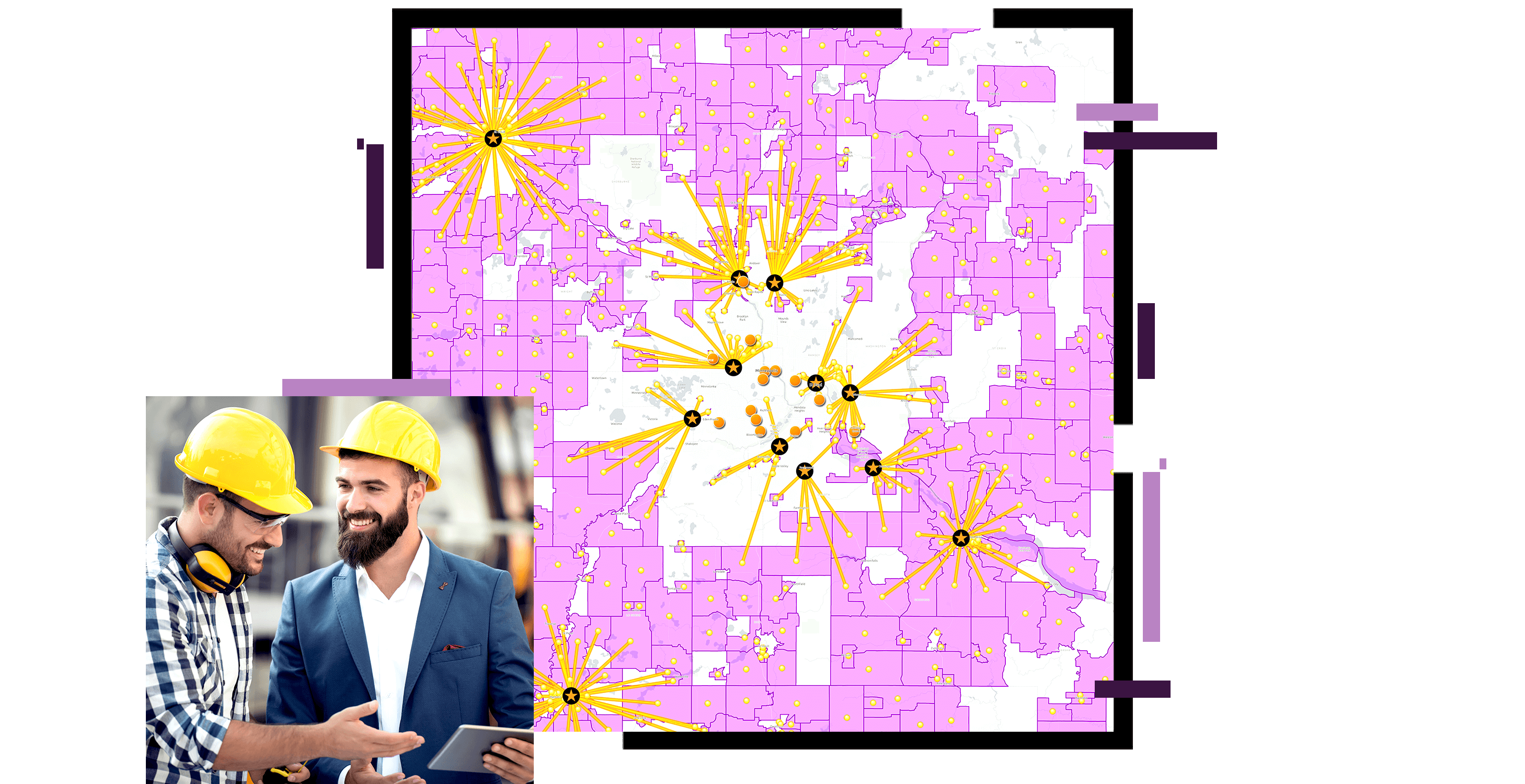 A site selection map in yellow and pink, overlaid with a photo of two people wearing hard hats discussing a tablet display
