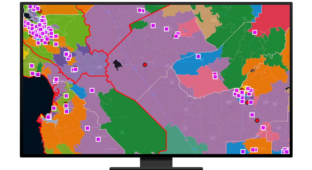 A graphic of a computer monitor displaying a multicolored map with areas separated by color