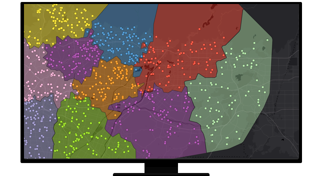Grafische Darstellung eines Computerbildschirms mit einer Karte mit Bereichen in vielen Farben