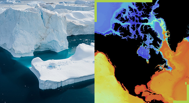 A split screen of a floating ice next to a glacier and a heat map showing climate impacts on colder places