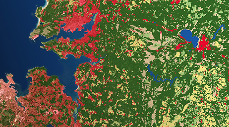 A red and green map showing land cover