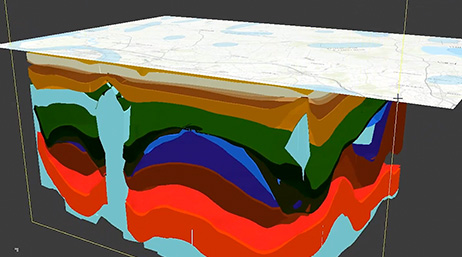 A subsurface model showing layers of the ground, water, and magma