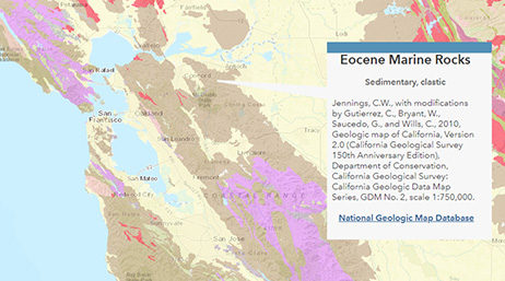 A state geologic map showing eocene marine rocks by highlighting areas purple and red