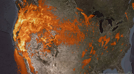 A map of the United States with parts of the country on fire illustrating air quality and human impact 