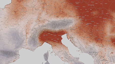 A map of Europe that has different shades of red showing how air quality is in different parts of the continent