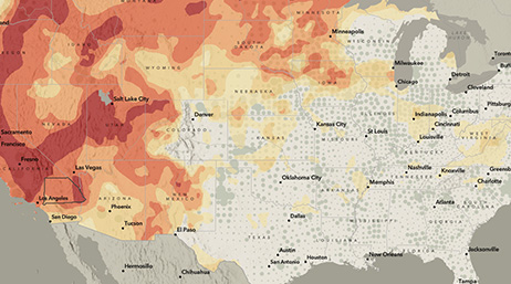 A map of the United States showing horrible drought conditions on the west coast with red, orange, and yellow highlights
