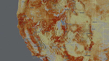 A map of the western United States showing areas of problematic climate change in red and yellow