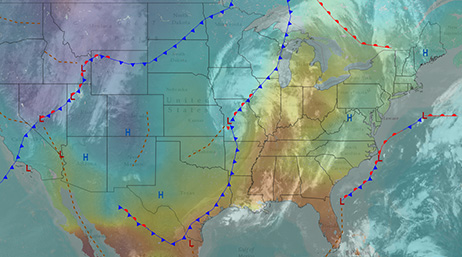 A map of the United States with lines of weather patterns