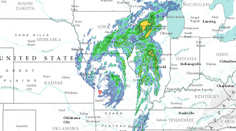 A map of a tornado swirling through the Midwest United States 