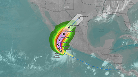 A map of a charted storm sweeping through Mexico