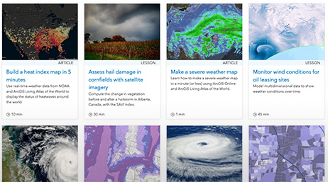A webpage with GIS weather training resource cards