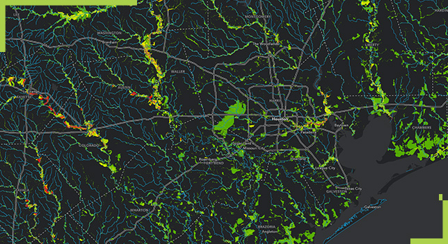 A dark map with green patches and lines