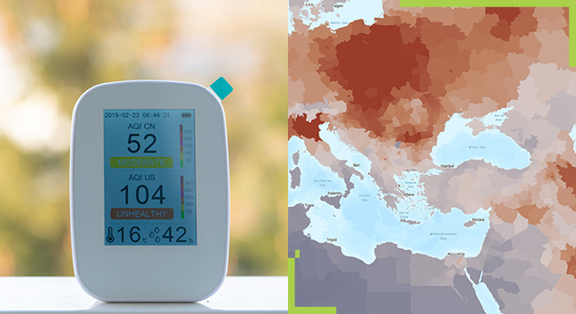 A split screen of an oximeter and a map showing the air quality in Europe with red, orange, and gray