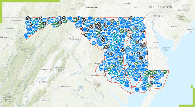 The state of Maryland with blue, green, and black dots showing their all-inclusive assessment 