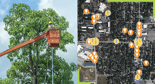 A split screen of a tree pruner in a bucket aerial platform and an overview of street with location pins