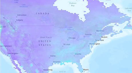 A purple and blue map of the upper half of North America