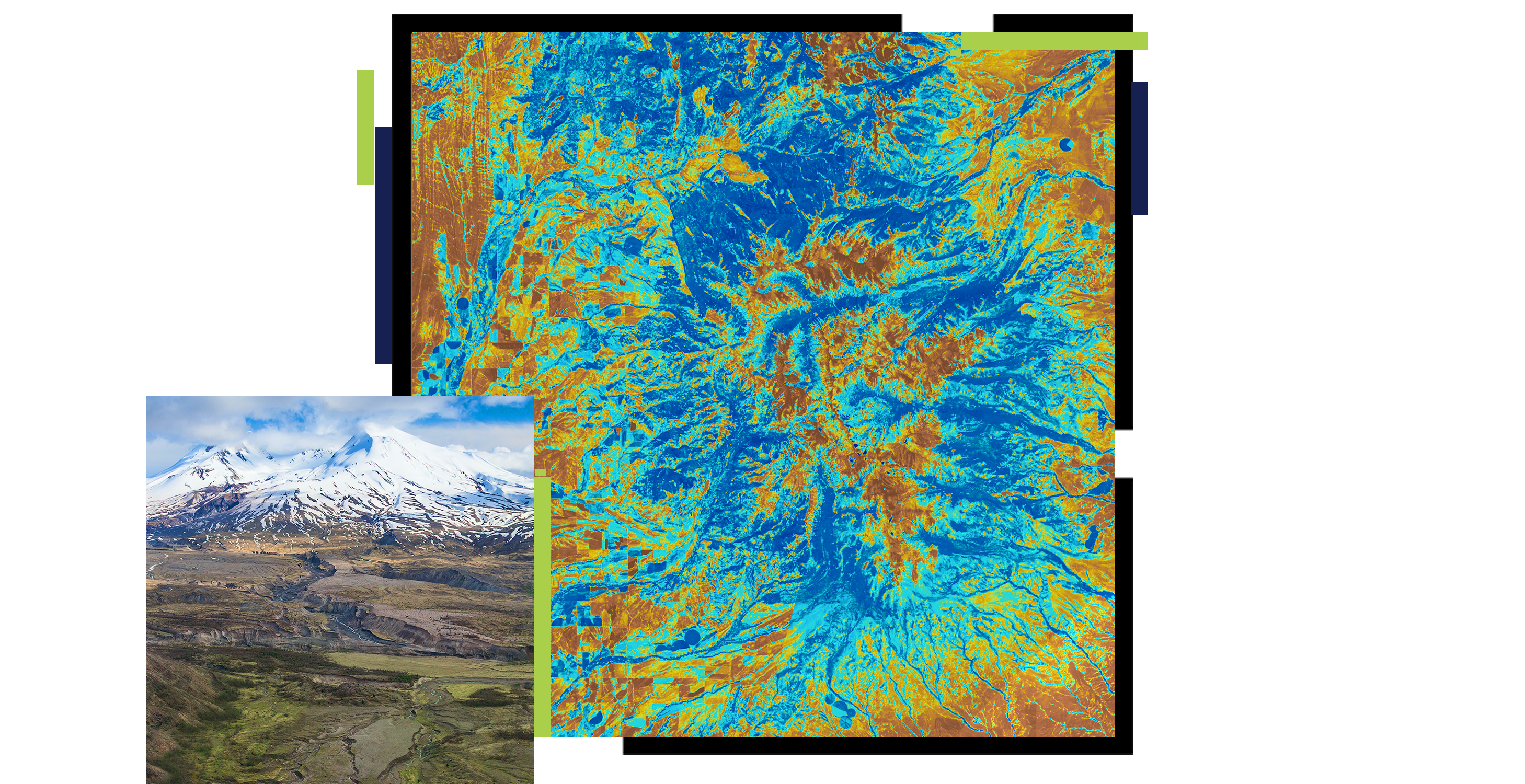 Two squares with a landscape of dried canyons leading to a snowing mountain and a colorful map