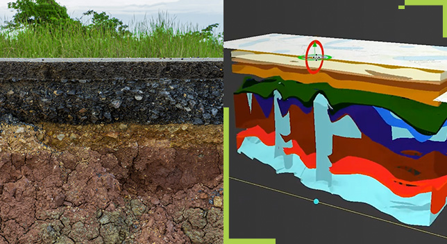 A side view of asphalt and soil underground, and a 3D subsurface model of the picture
