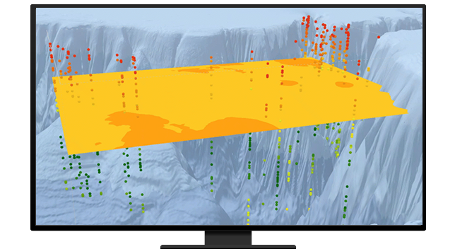 An underwater profile with a 3D yellow layer slicing through the subsurface profiling and red, yellow, and green dots showing patterns displayed on a desktop computer
