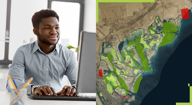 A split screen of a businessperson typing at a desk with a computer and a map of the coastline with green and red locations