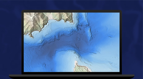 An ocean map showing the depth of the water and the height of the surrounding landmasses displayed on a laptop computer