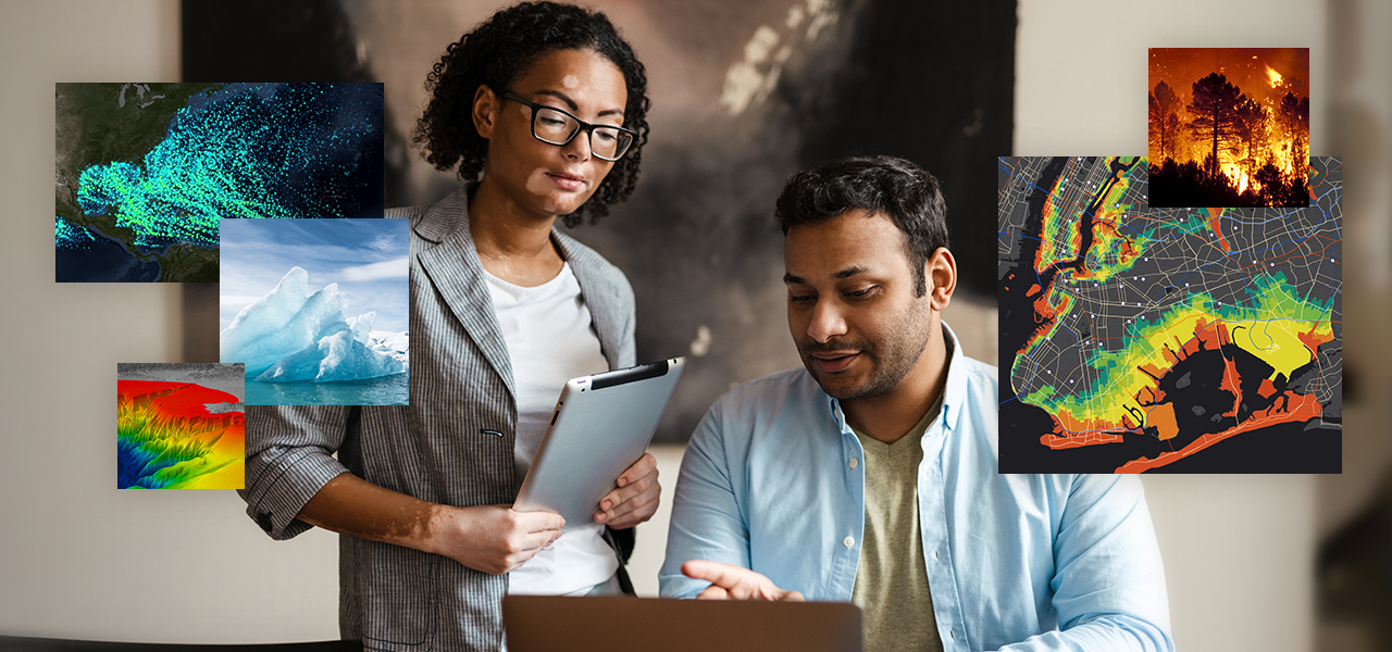 One person sitting at a desk with an open laptop, another person standing up holding a tablet and looking down at the laptop screen, and overlaid map images surround them