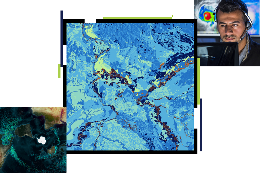 A topographic map shaded in blues overlaid with a satellite image of a large body of water and nearby continents and a photo of a person wearing a headset and looking at a computer screen