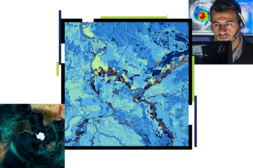 Um mapa topográfico sombreado em azul sobreposto com uma imagem de satélite de um grande corpo de água e continentes próximos e uma foto de uma pessoa usando um fone de ouvido e olhando para uma tela de computador