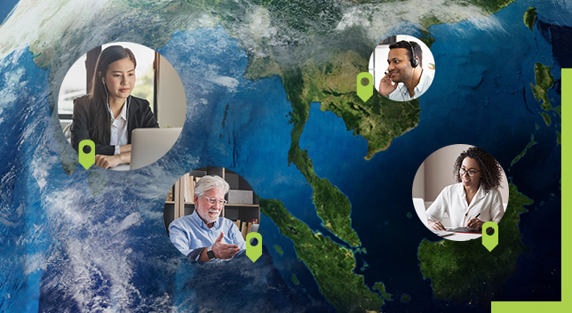 Circles with people working at their home offices and location icons pointing to the globe in the background showing where in the world they are based