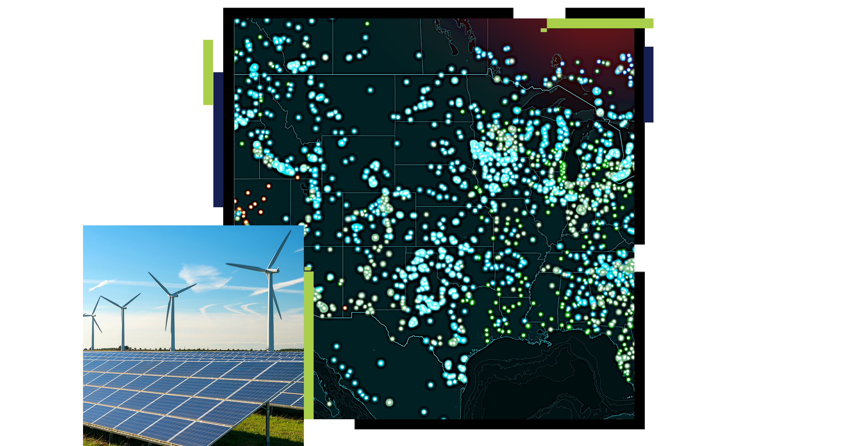 Two squares with solar panels with wind turbines and a map with glowing blue dots showing where they are located