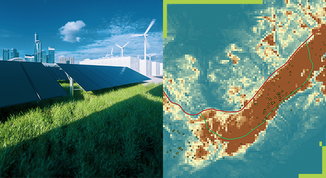 Solar panels and wind turbines in a grassy field on the outskirts of a large city and a map of a peninsula