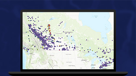 A map with purple dots identifying locations displayed on a laptop