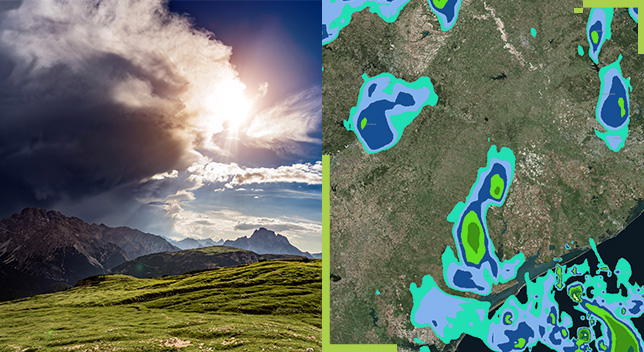 A split screen of a grassy field and mountains lighting up as sunshine peaks through clouds, and a map of weather patterns