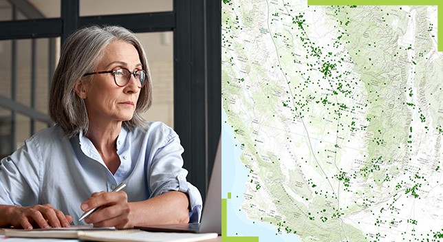 A split screen of a businessperson looking off in the distance while taking holding a pen near paper, and a map with green dots indicating significant locations