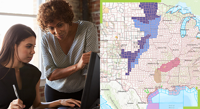 A split screen of two colleagues sitting and leaning over a desk looking at a computer screen, and a United States map with pink, purple, and blue squares