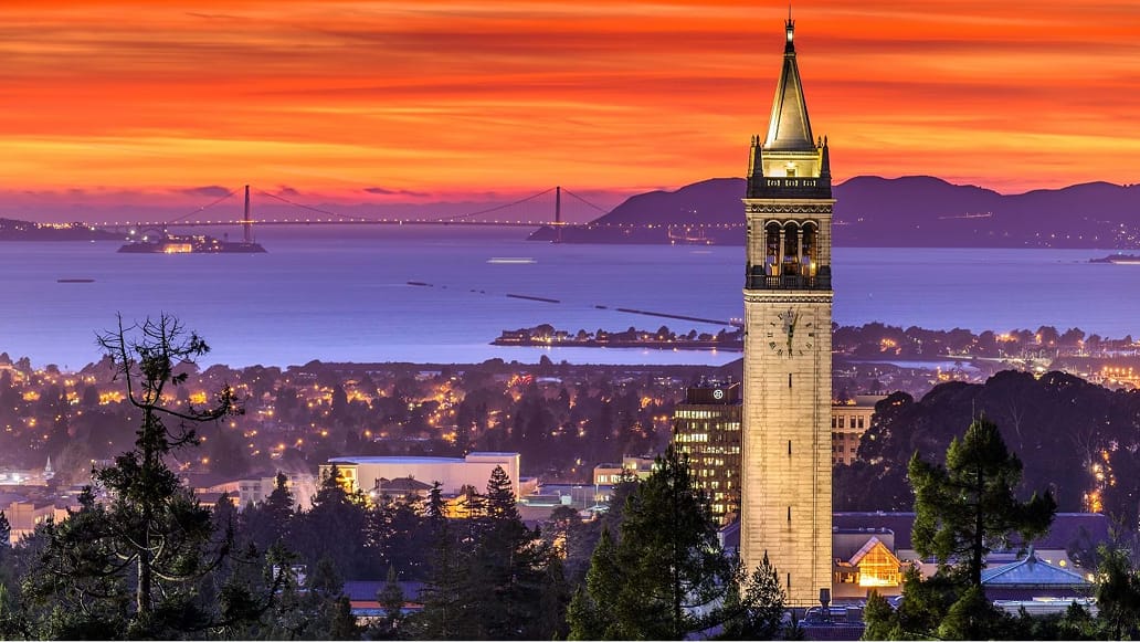 A panorama of Berkeley’s rooftops, lit golden for nighttime under a glowing orange sunset sky, with a clock tower standing high above the trees