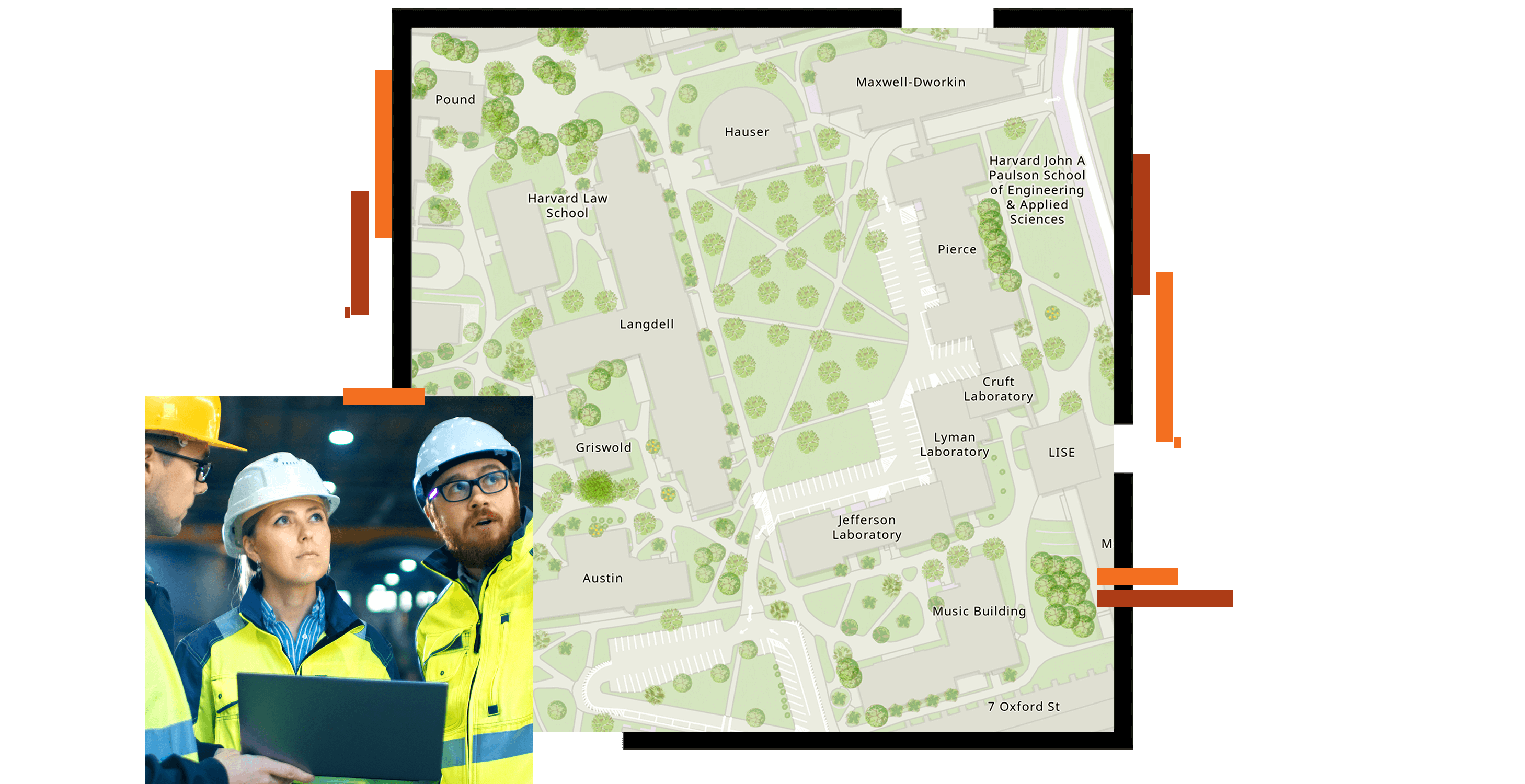 A map of a neighborhood layout overlaid with a photo of three people in hardhats and yellow vests discussing a laptop display