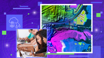 Carte de densité d’une ville en bleu et en violet, photo d’étudiants assis côte à côte dans un laboratoire informatique, icône de données stockées et consultées dans le cloud