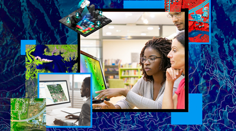 A collage with two photos of students using online maps in brightly lit classrooms and four colorful maps on an abstract blue background