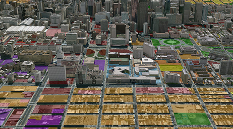 An aerial view of a 3D model of Boston, Massachusetts, showing different blocks overlaid with transparent colors