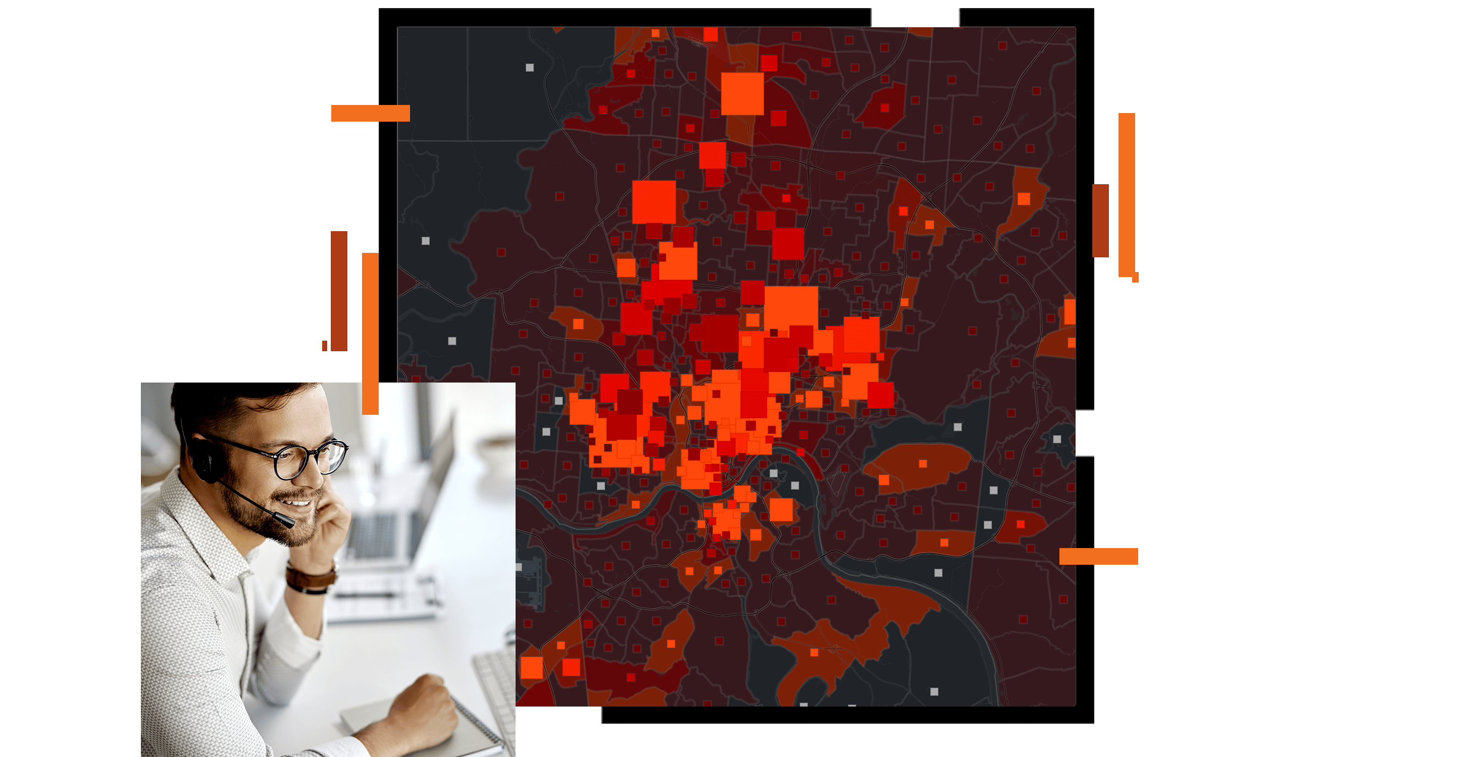 Una mappa di concentrazione in rosso e arancione e sopra una foto di un professionista IT che parla con un auricolare in ufficio