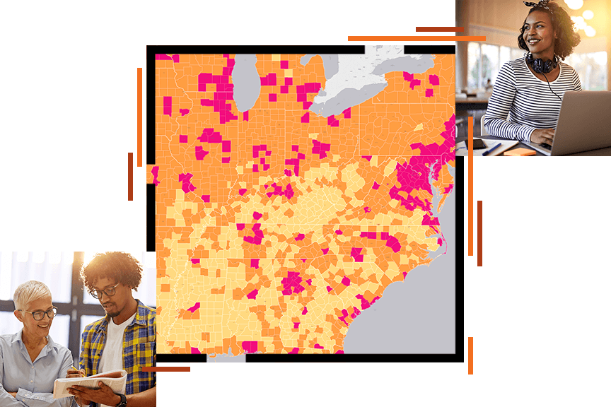 Fotos em camadas de uma pessoa sorridente usando um laptop, dois profissionais discutindo um manual e um mapa de concentração em laranja e rosa