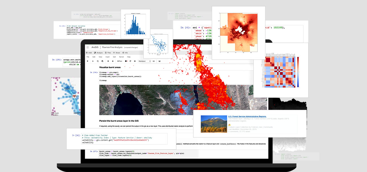 A graphic of a laptop displaying a page about fire burn areas overlaid with smaller graphs, burn maps, and clips of data text