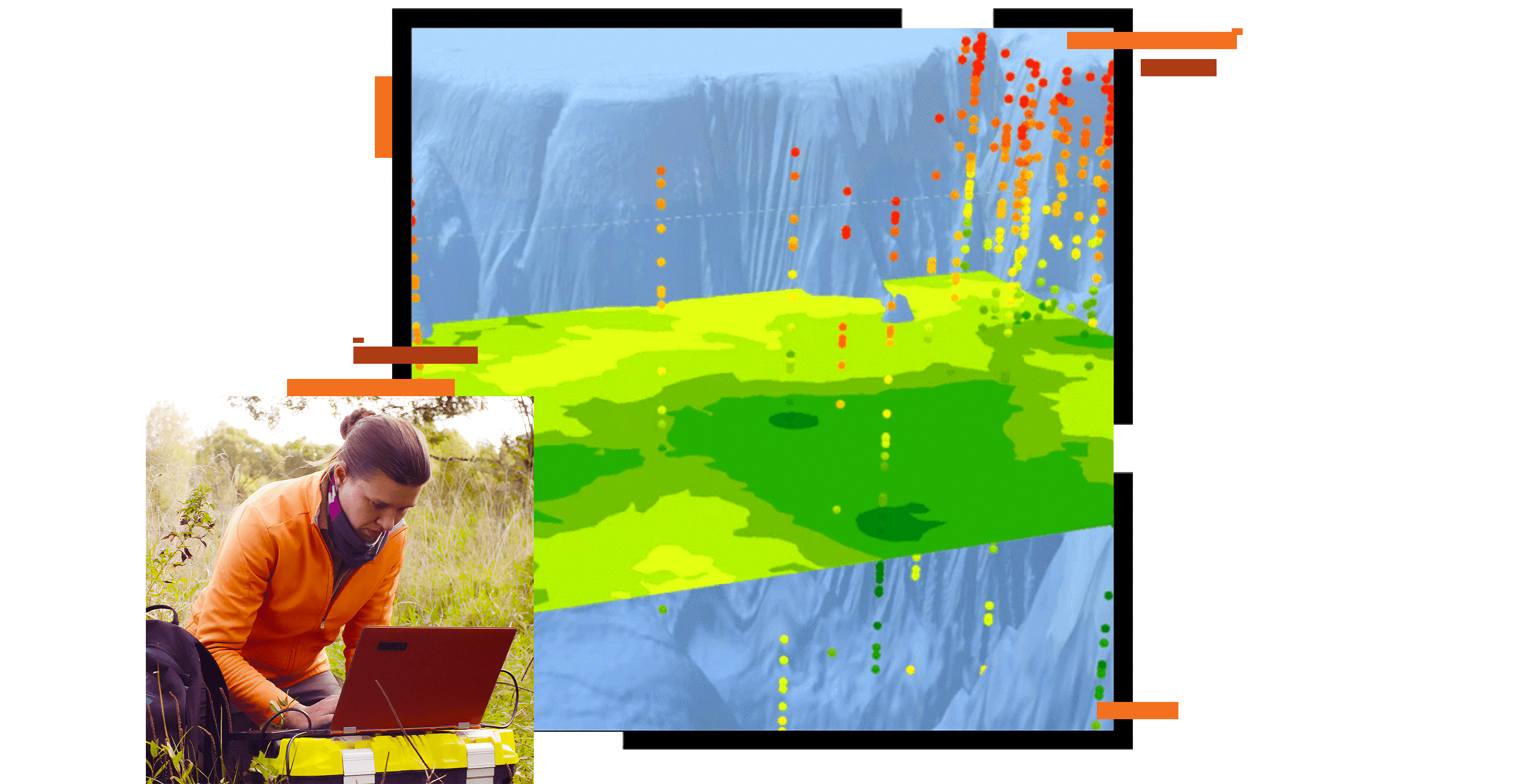 An abstract map layer in green and blue overlaid with a photo of a field researcher using a laptop in an outdoor setting